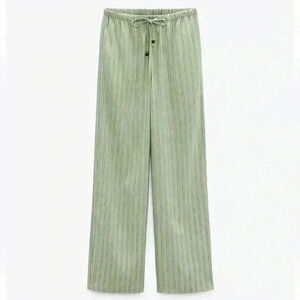 Zara green Linen blend striped pull‎ on elastic waist pants woman’s size XL